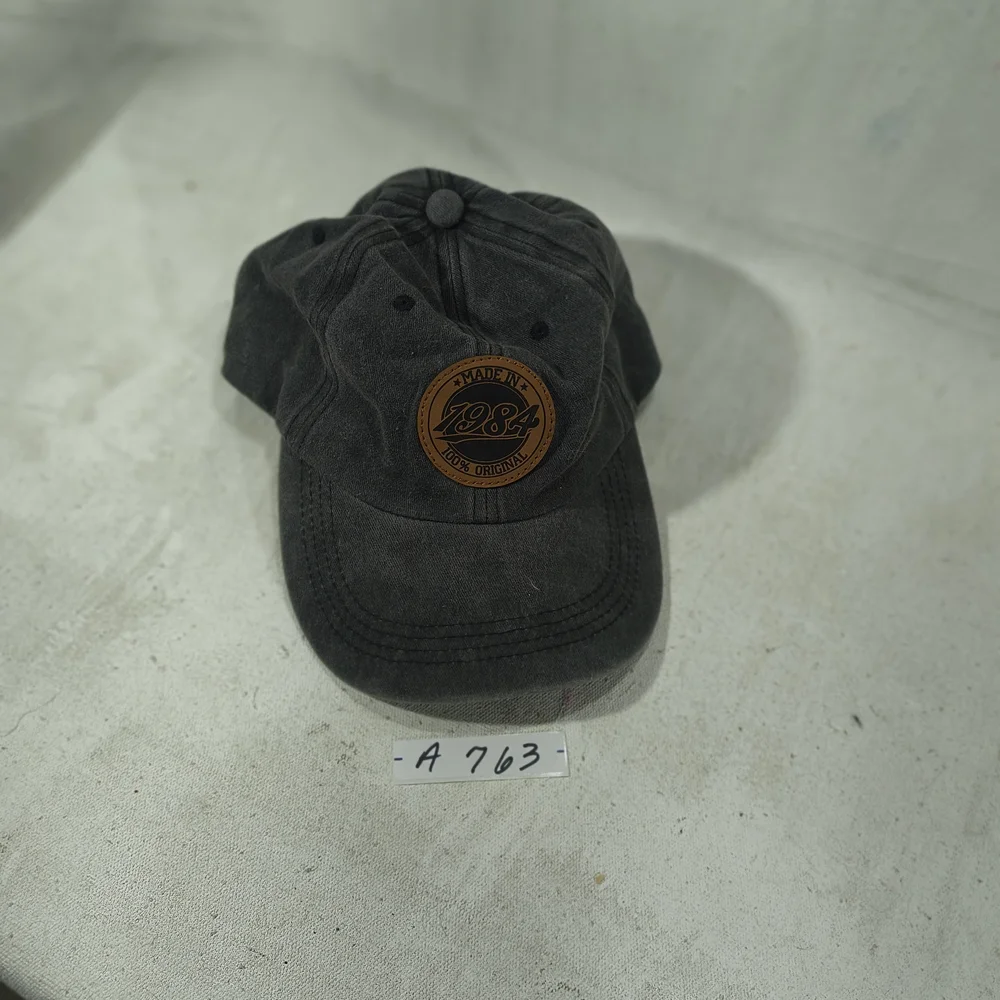 Made In 1984 Vintage Style Men's Dk Grey Cap with Brown Leather Patch